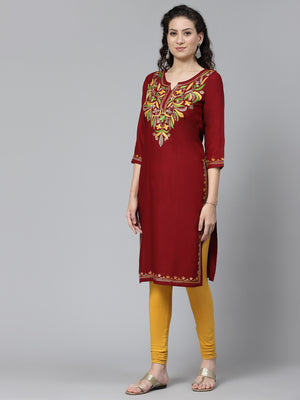 Maroon Multi-Design Aari Long Kurti For Women