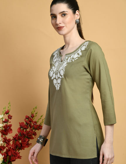 Olive Off White Short Kurti For Women