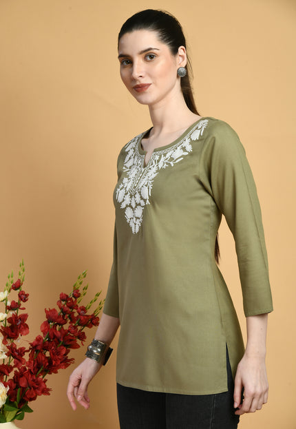 Olive Off White Short Kurti For Women