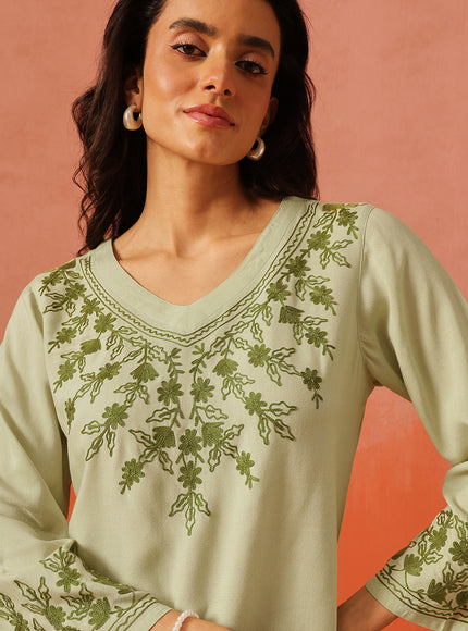 Qazmi Women's Sarah V-Neck Kashmiri Aari Work Full Sleeves Kurti