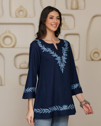 Qazmi Women Kashmiri Aari Embroidered Viscose Rayon A-Line Short Kurti with Bell Sleeves
