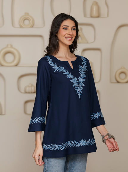Qazmi Women Kashmiri Aari Embroidered Viscose Rayon A-Line Short Kurti with Bell Sleeves