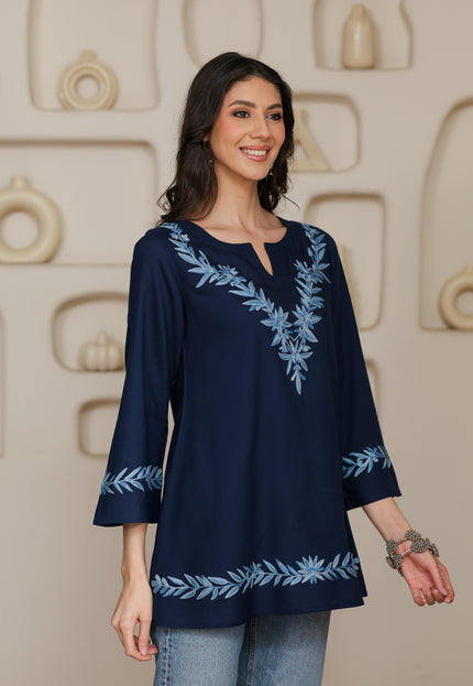 Qazmi Women Kashmiri Aari Embroidered Viscose Rayon A-Line Short Kurti with Bell Sleeves
