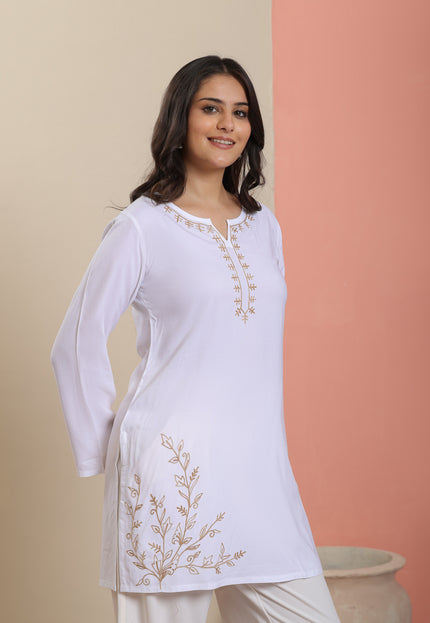 Qazmi Women's Aari Embroidered Pure Cotton Short Kurta