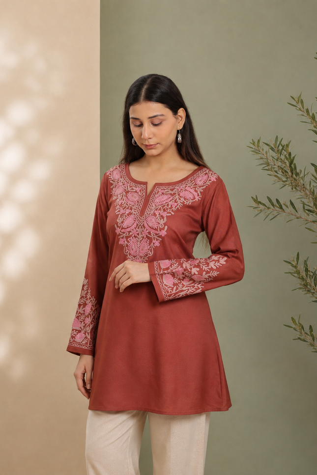 Qazmi Women Aari Embroidered Viscose Rayon A-Line Short Kurti with Full Sleeves