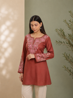 Qazmi Women Aari Embroidered Viscose Rayon A-Line Short Kurti with Full Sleeves