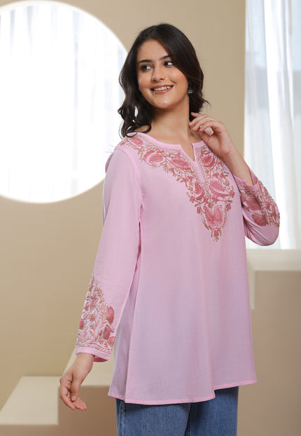 Qazmi Women Aari Embroidered Viscose Rayon A-Line Short Kurti with Full Sleeves