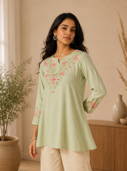 Qazmi Women's Kashmiri A-Line Light Pink Kurti