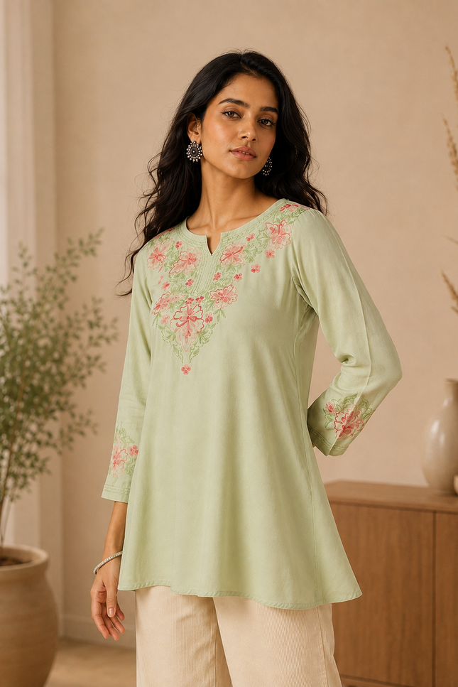 Qazmi Women's Kashmiri A-Line Light Pink Kurti
