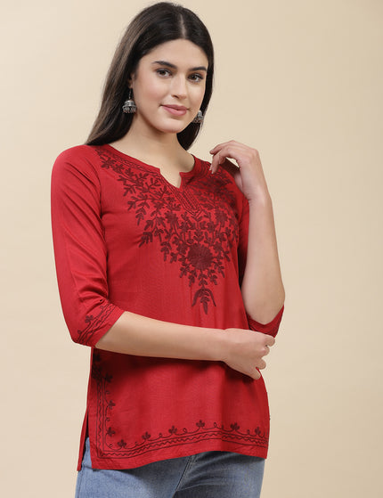 Red Self Aari Short Kurti For Women