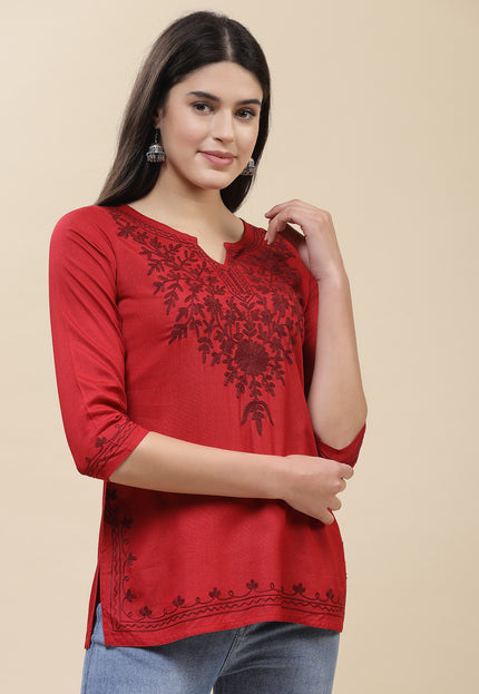 Red Self Aari Short Kurti For Women