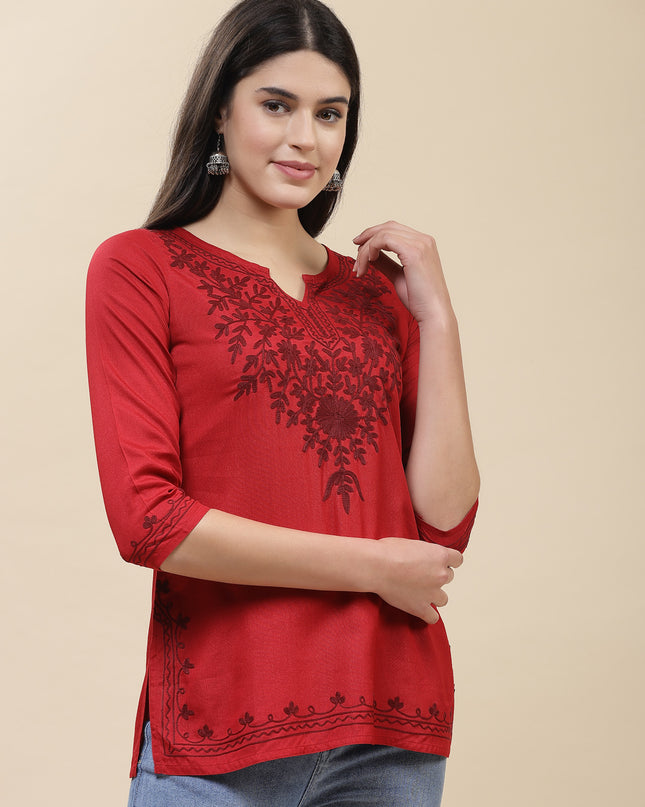 Red Self Aari Short Kurti For Women