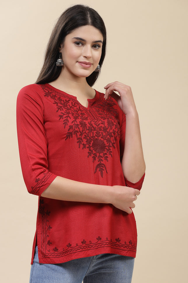 Red Self Aari Short Kurti For Women