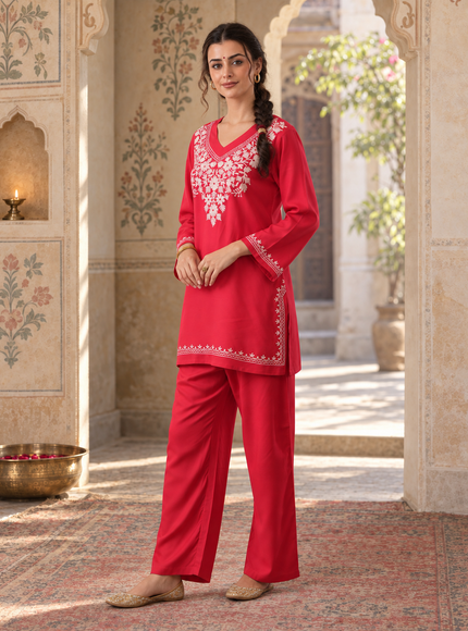 Qazmi Women's Kashmiri Aari Work Red CoOrd Set