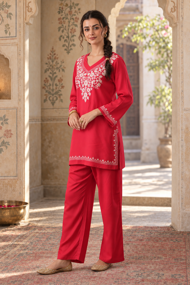 Qazmi Women's Kashmiri Aari Work Red CoOrd Set