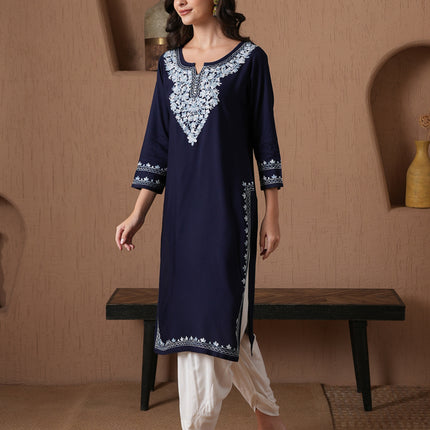 Qazmi Women's Mahsa Kashmiri Aari Work Straight Kurta