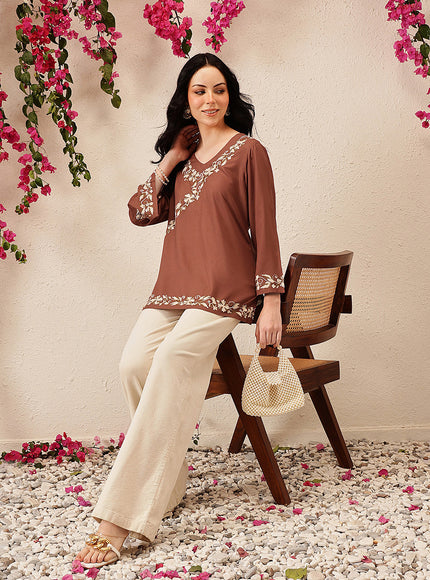Qazmi Women's Jina V-Neck Kashmiri Aari Work Full Sleeves Kurti