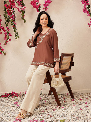 Qazmi Women's Jina V-Neck Kashmiri Aari Work Full Sleeves Kurti