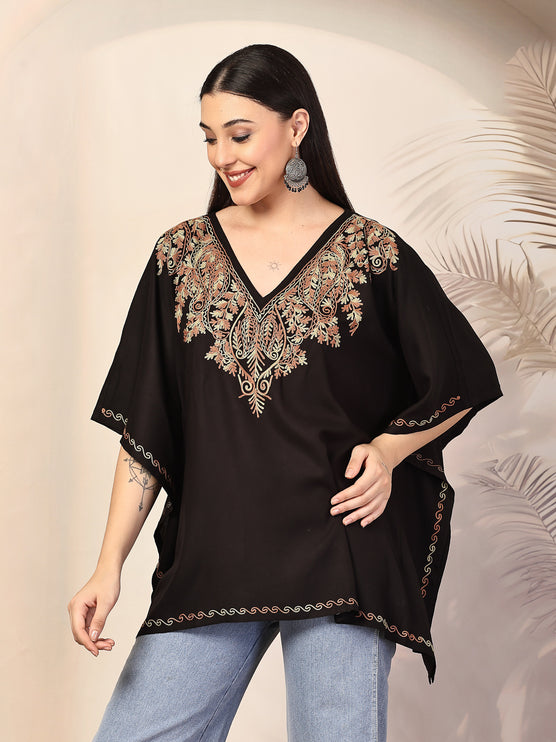 QAZMI Ethnic Motifs Embroidered V-Neck Flared Sleeves Kaftan Kurti