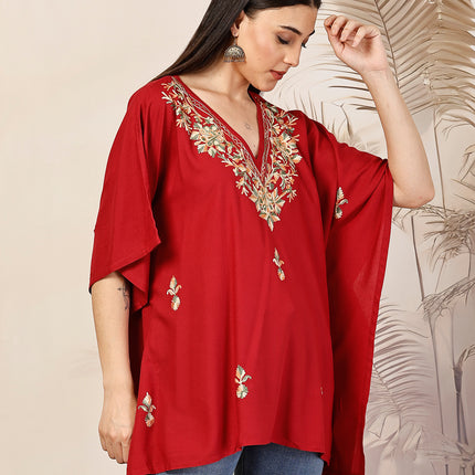 Qazmi Hannah V-Neck Flared Sleeves Aari Work Kaftan Kurti