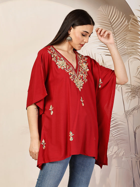 Qazmi Hannah V-Neck Flared Sleeves Aari Work Kaftan Kurti