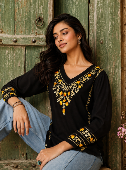 Qazmi Women's Amina Kashmiri Embroidered V-Neck Short Kurti