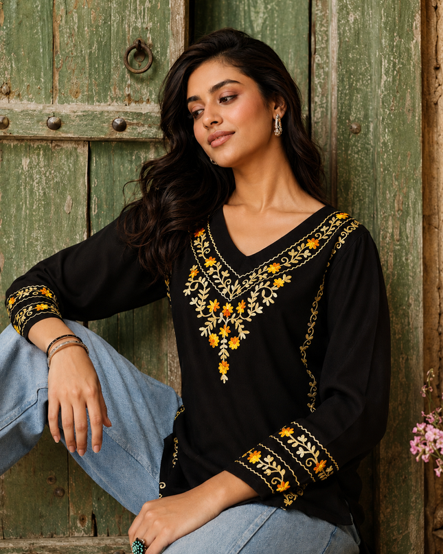 Qazmi Women's Amina Kashmiri Embroidered V-Neck Short Kurti