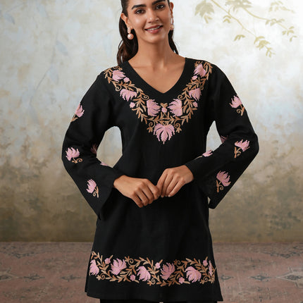 Qazmi Women's Kashmiri Chinarkari Work Olive Green CoOrd Set