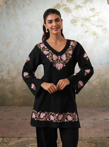 Qazmi Women's Kashmiri Chinarkari Work Olive Green CoOrd Set