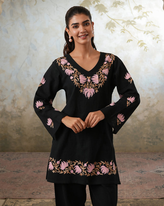 Qazmi Women's Kashmiri Chinarkari Work Olive Green CoOrd Set