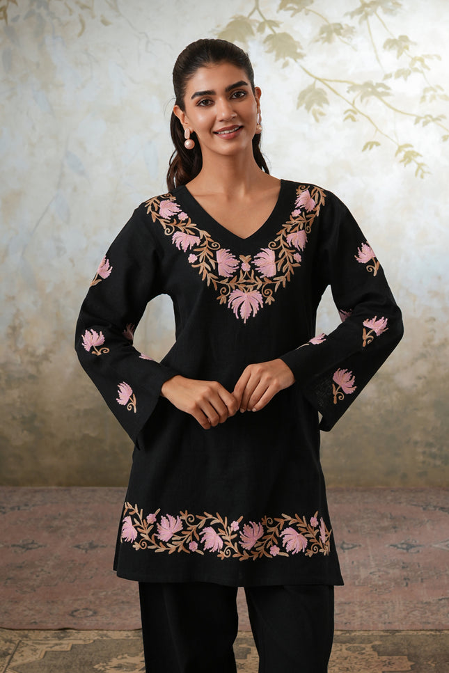 Qazmi Women's Kashmiri Chinarkari Work Olive Green CoOrd Set