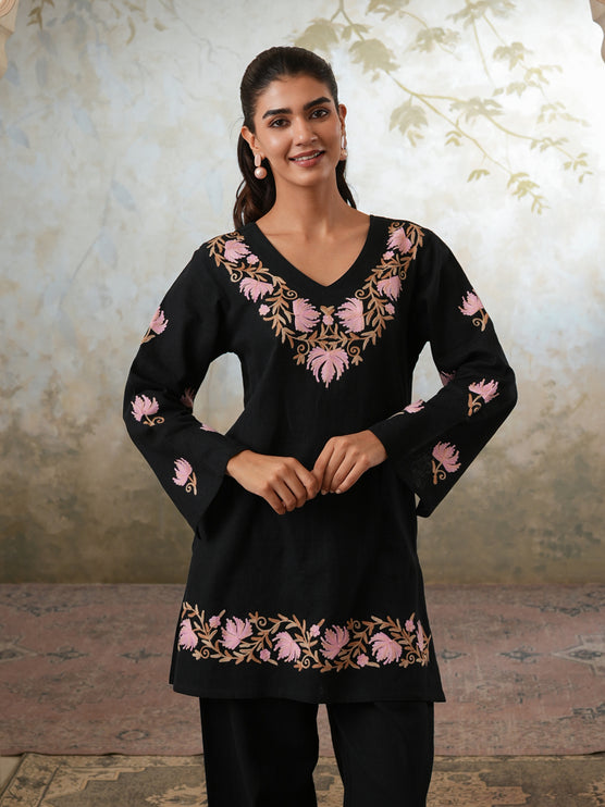 Qazmi Women's Kashmiri Chinarkari Work Olive Green CoOrd Set