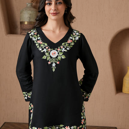 Qazmi Women's Aari Work V-Neck Black CoOrd Set