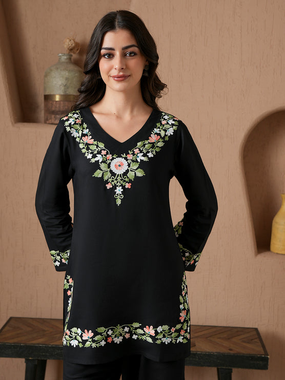 Qazmi Women's Aari Work V-Neck Black CoOrd Set