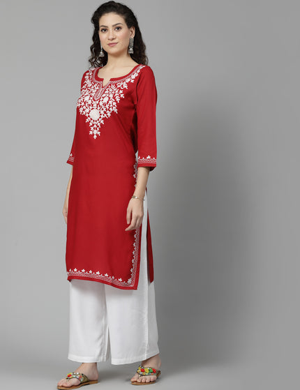 Red Offwhite Aari Long Kurti For Women