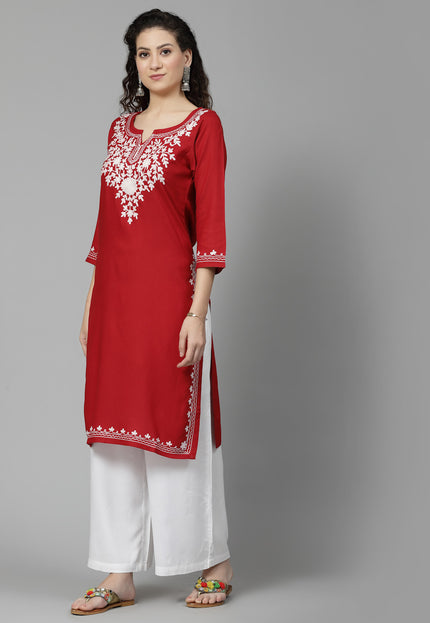 Red Offwhite Aari Long Kurti For Women