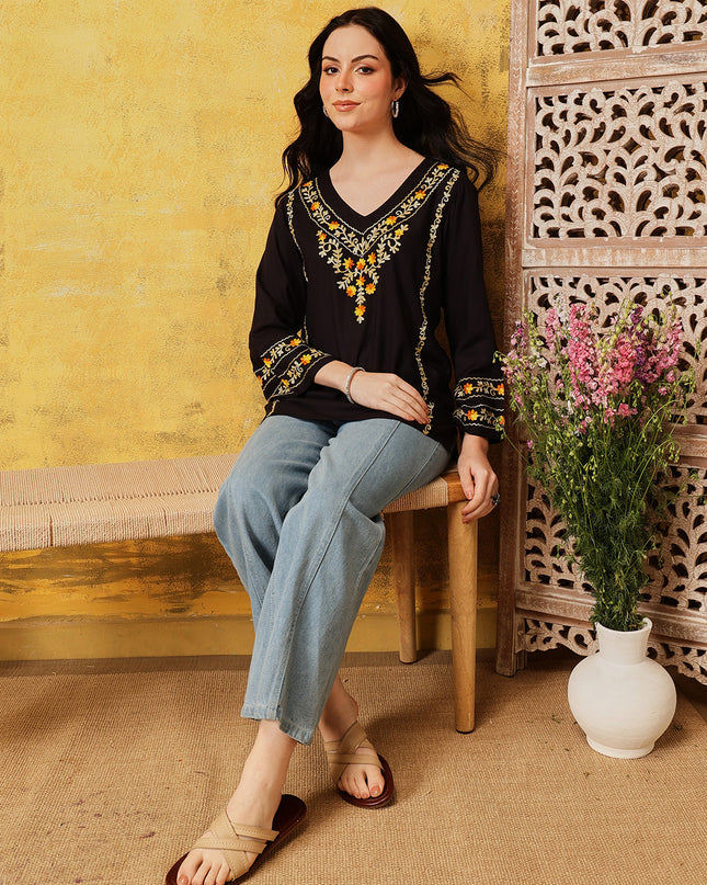 Qazmi Women's Amina Kashmiri Embroidered V-Neck Short Kurti