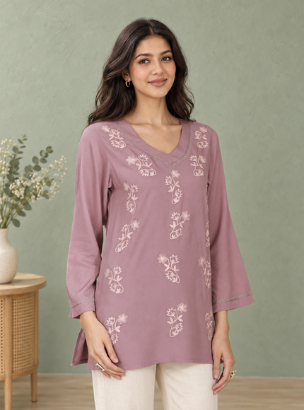 Qazmi Women Kashmiri Aari Embroidered Viscose Rayon Flared Sleeves Short Kurti