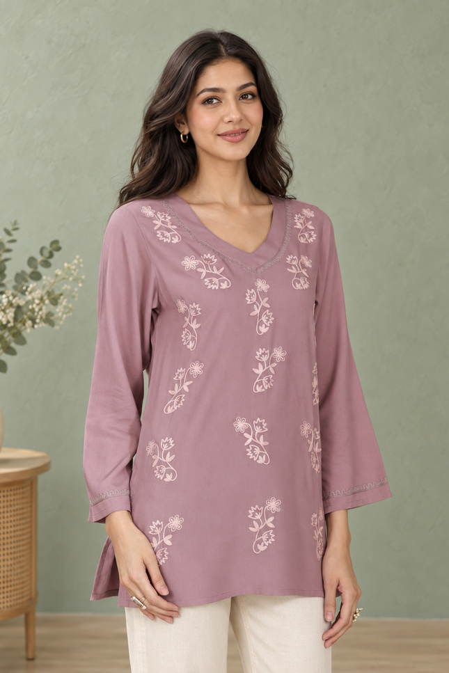Qazmi Women Kashmiri Aari Embroidered Viscose Rayon Flared Sleeves Short Kurti