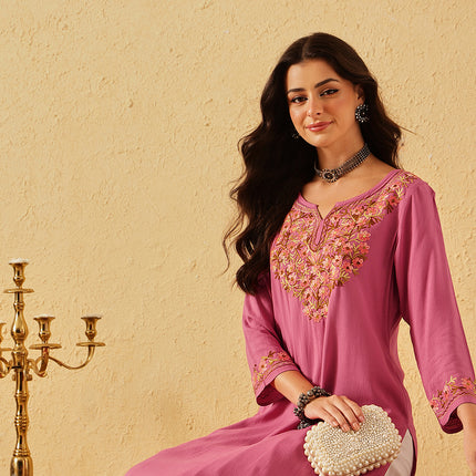 Qazmi Women's Huma Kashmiri Aari Work Keyhole Neck Pink Straight Kurta