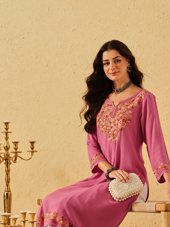 Qazmi Women's Huma Kashmiri Aari Work Keyhole Neck Pink Straight Kurta