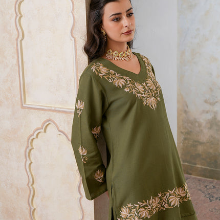 Qazmi Women's Kashmiri Chinarkari Work Olive Green CoOrd Set