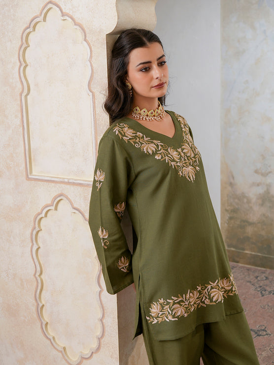Qazmi Women's Kashmiri Chinarkari Work Olive Green CoOrd Set