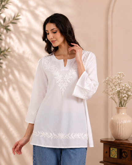 Qazmi Women Kashmiri Aari Embroidered Viscose Rayon A-Line Short Kurti with Bell Sleeves