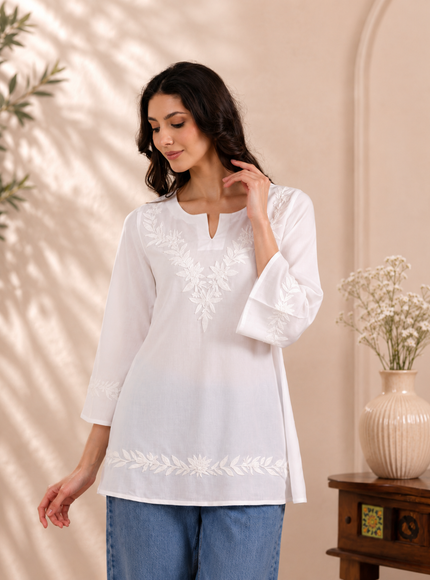 Qazmi Women Kashmiri Aari Embroidered Viscose Rayon A-Line Short Kurti with Bell Sleeves