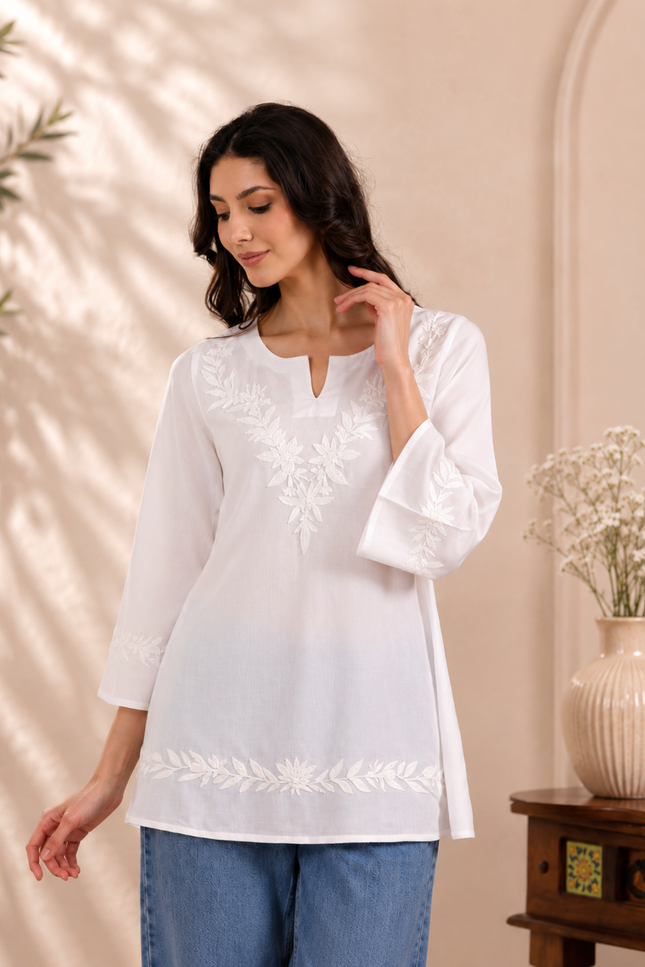 Qazmi Women Kashmiri Aari Embroidered Viscose Rayon A-Line Short Kurti with Bell Sleeves