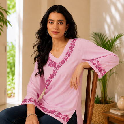Qazmi Women's Jina V-Neck Kashmiri Aari Work Full Sleeves Kurti