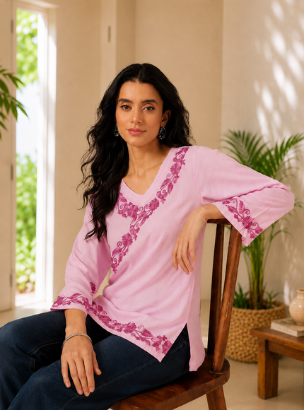 Qazmi Women's Jina V-Neck Kashmiri Aari Work Full Sleeves Kurti