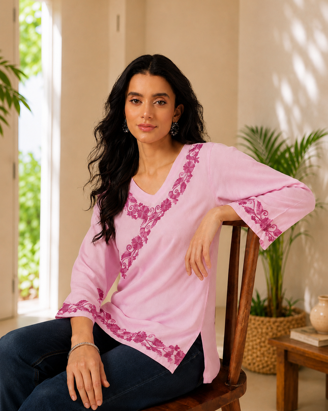 Qazmi Women's Jina V-Neck Kashmiri Aari Work Full Sleeves Kurti