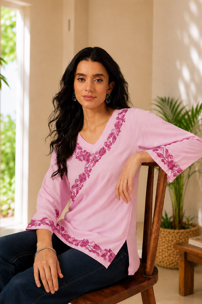 Qazmi Women's Jina V-Neck Kashmiri Aari Work Full Sleeves Kurti